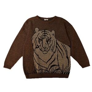Vintage 80s Tiger Graphic Knit Sweater Brown Beige Animal Print Crewneck Sz Med